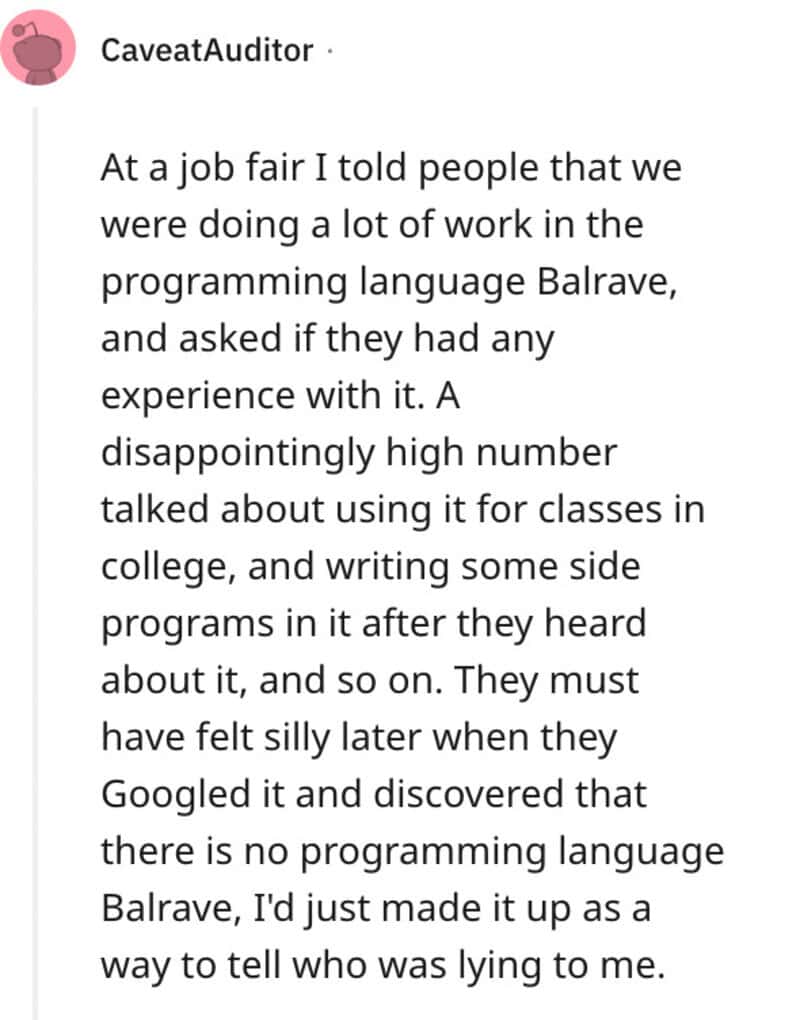 "At a job fair, I told people we worked in the programming language Balrave.".