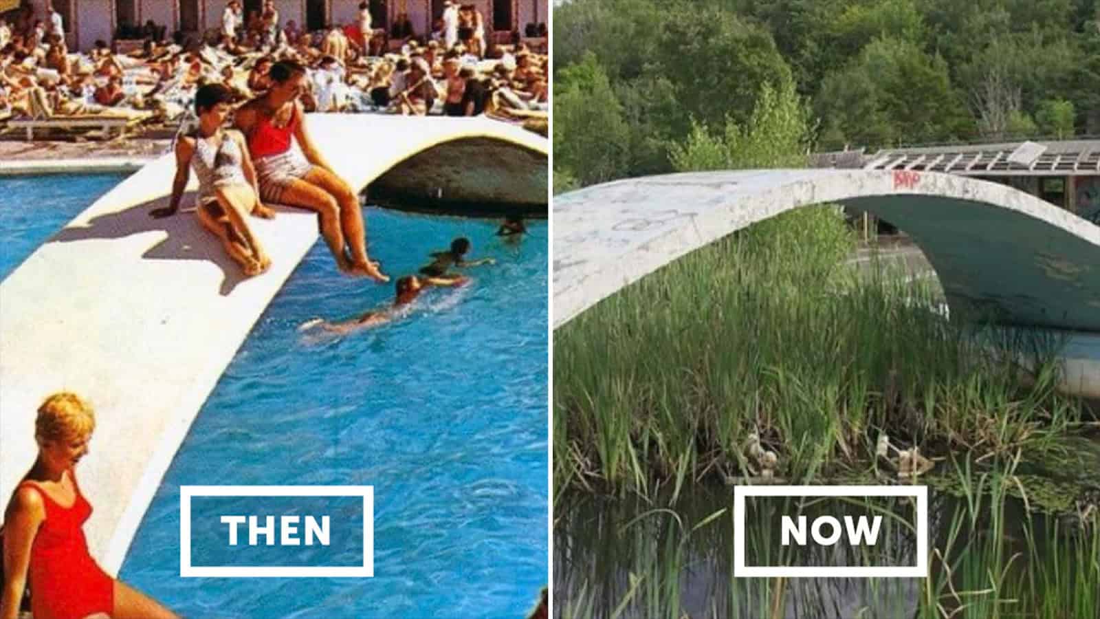 Comparison of a swimming pool and a modern bridge over a pond.