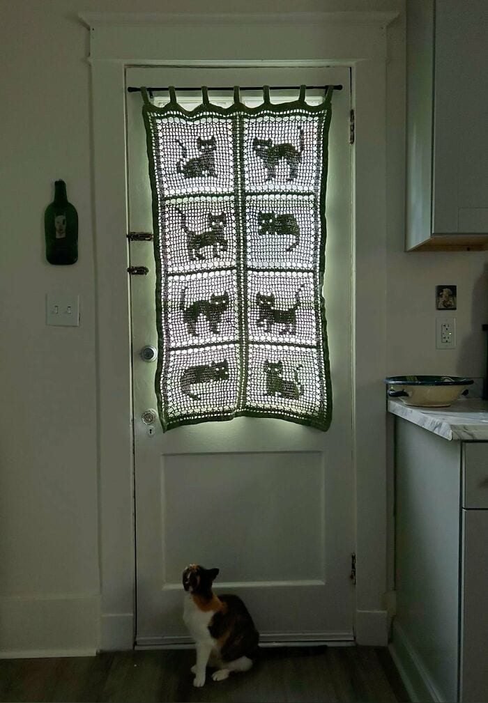 Vintage cat silhouette crochet curtain with green trim on a door, with a small dog sitting in front.