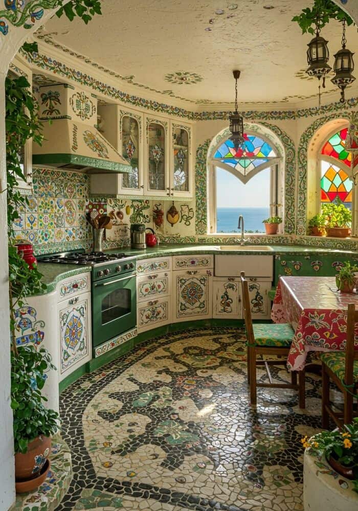Colorful, mosaic-tiled kitchen with curved cabinets and stained glass windows.