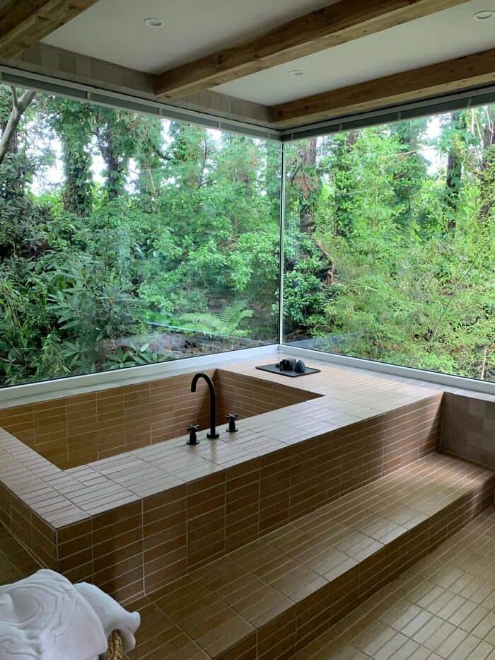 A cozy indoor bathtub area with large glass windows overlooking a lush green forest.