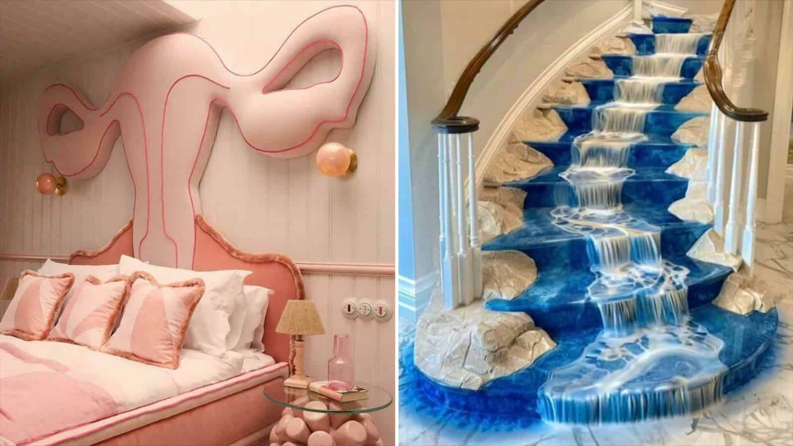 Artistic bedroom with pink uterus-shaped wall art and cozy bed.