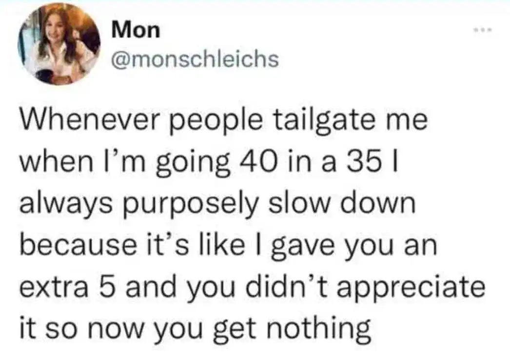 A woman smiling with a tweet about tailgating and aging.