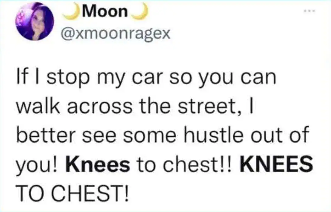 If I stop my car so you can walk across the street, I better see some hustle out of you! Knees to ch.