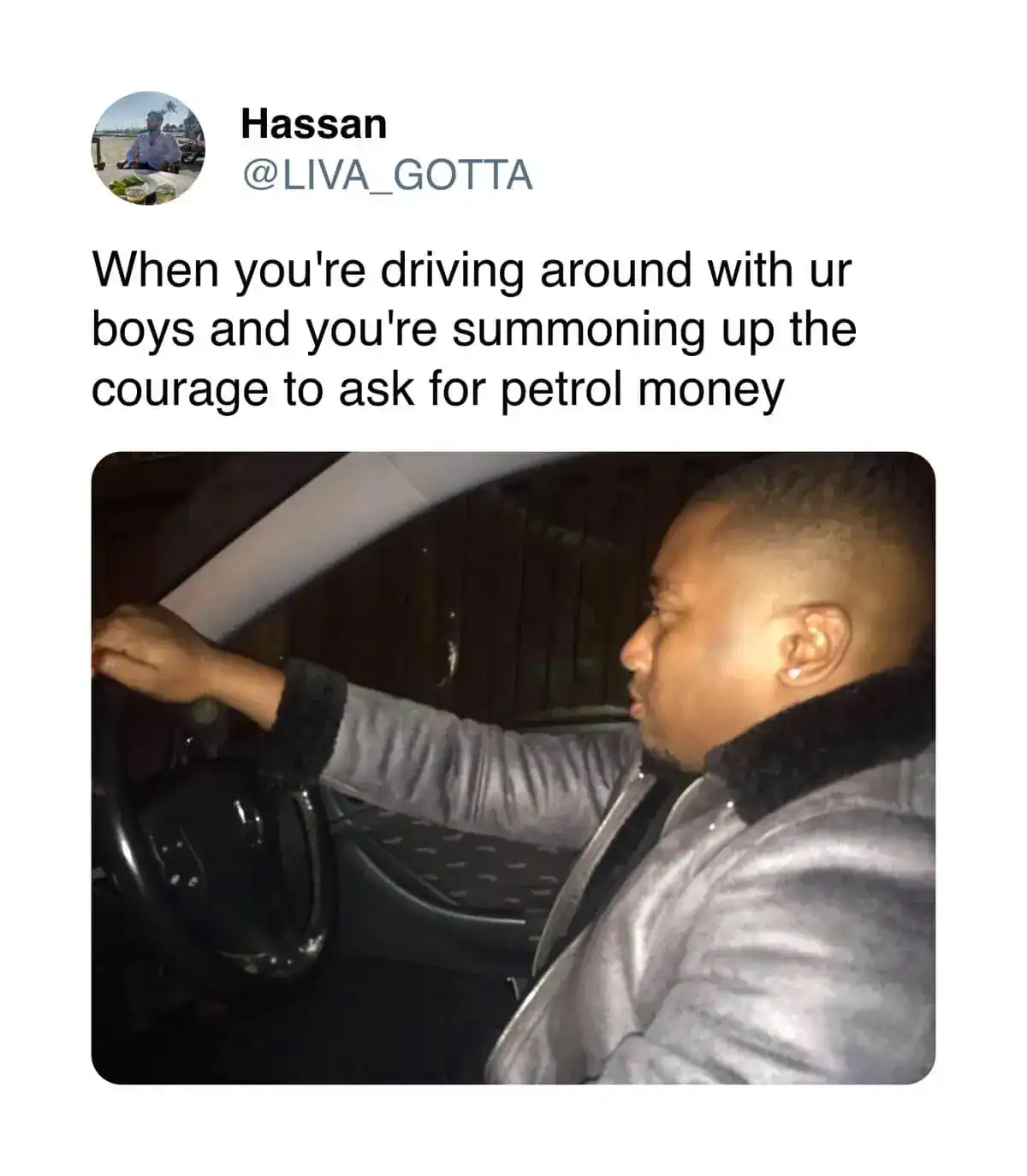 "Man driving car with boys, asking for petrol money".