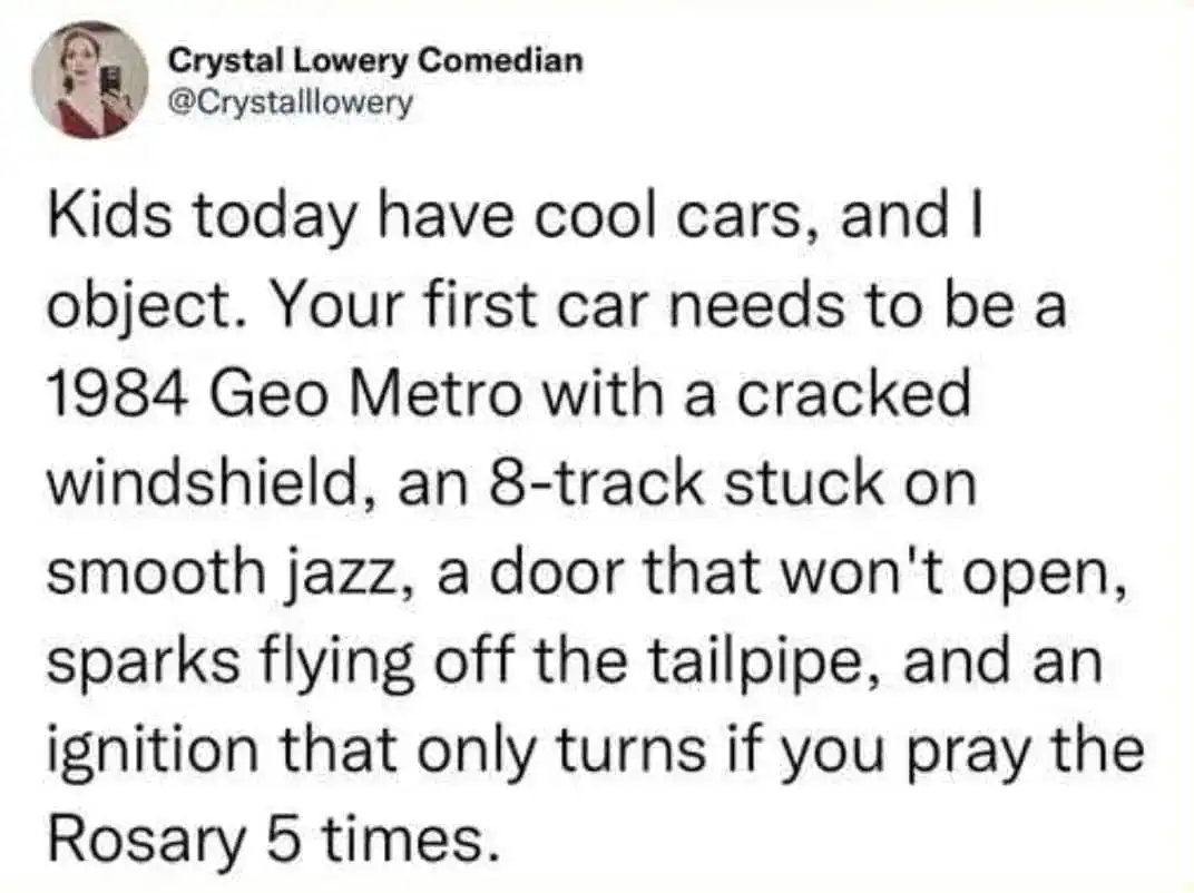 1984 Geo Metro with cracked windshield, 8-track stereo, and tailpipe sparks flying.