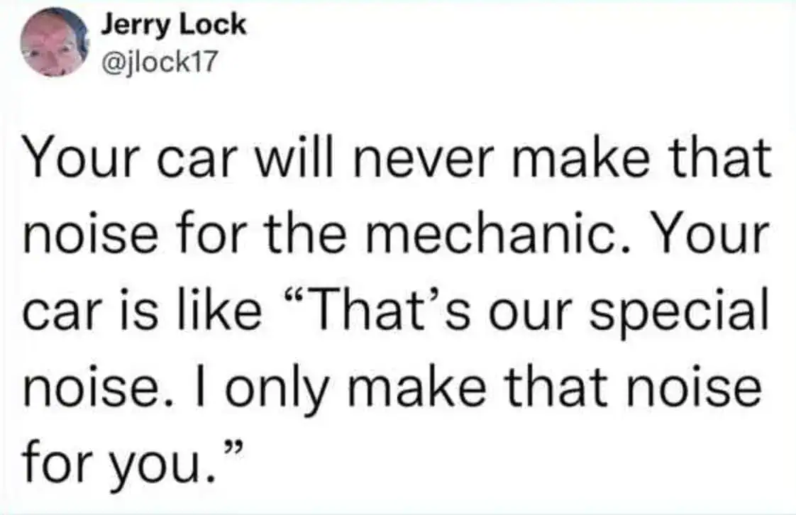 Your car will never make that noise for the mechanic, it's your special noise.