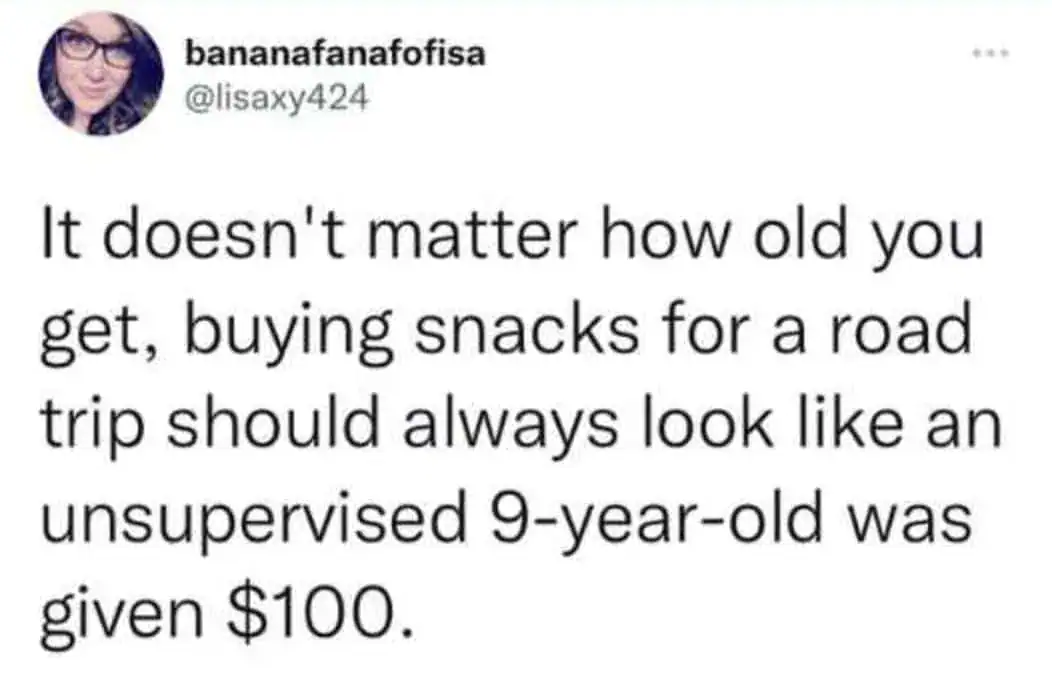 A young girl holding snacks with a humorous quote about road trip snacks.