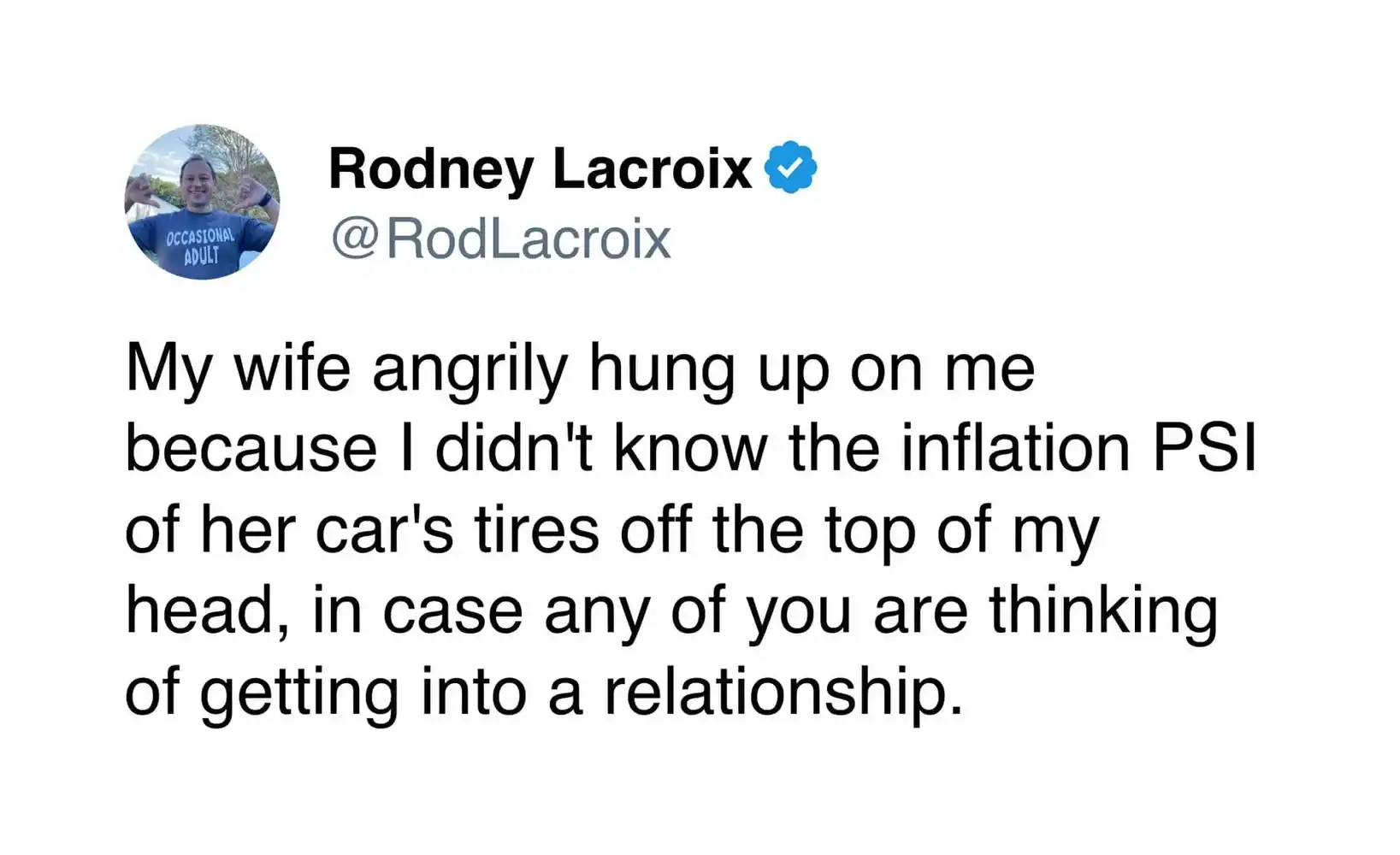 Rodney Lacroix's tweet about his wife hanging up on him over inflation PSI.