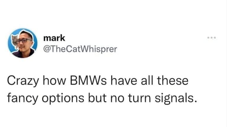 BMW car dashboard with various options and no turn signals.