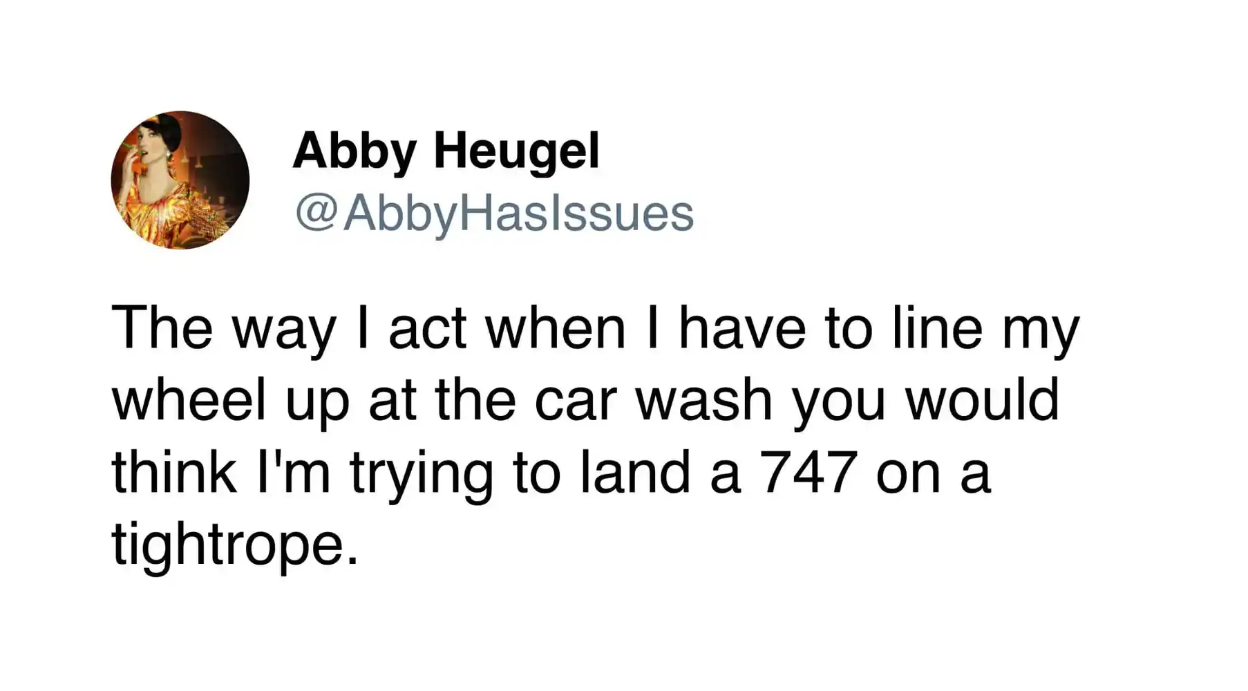 747 on a tightrope, person acting nervously at a car wash.