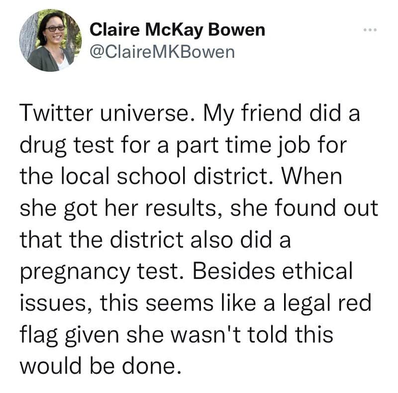 Tweet about a friend doing drug and pregnancy tests for a part-time job.