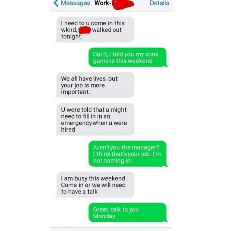 Text message conversation about work, family, and scheduling.
