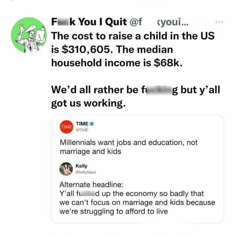 Tweet about the high cost of raising a child in the US and millennials' priorities.