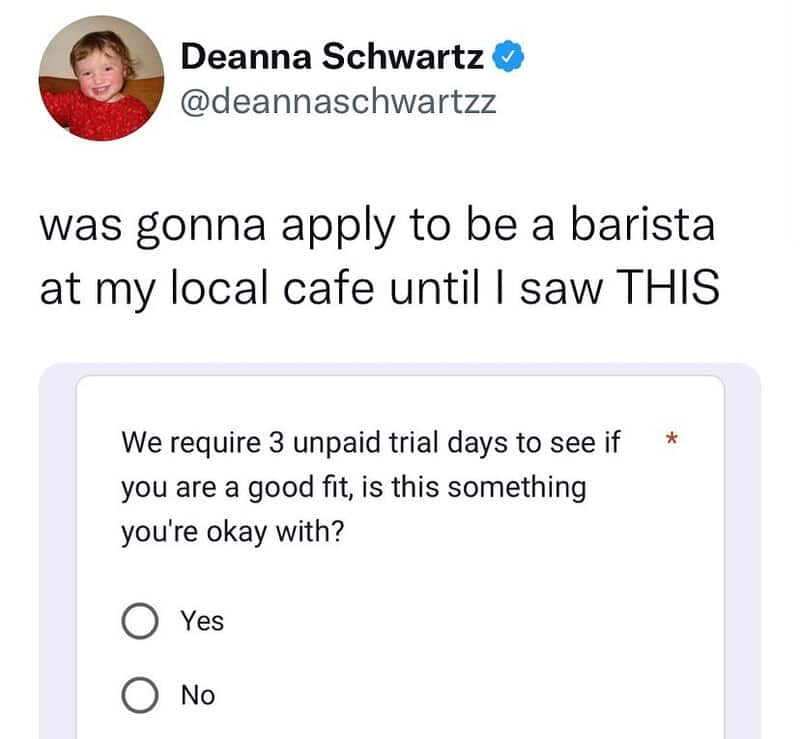 Applying to be a barista at my local cafe with a humorous tweet about unpaid trial days.