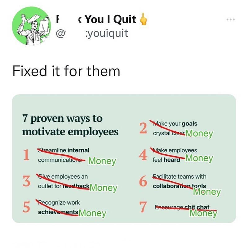 "7 proven ways to motivate employees" with red crossed-out text and green "Money" annotations.