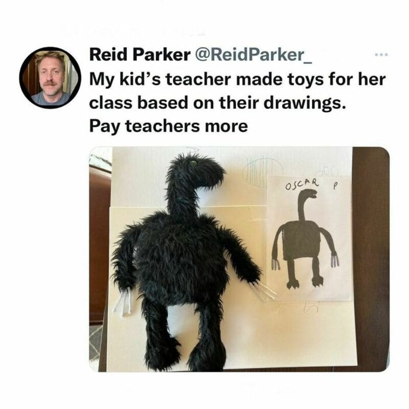 Child's drawing of a black creature with a long neck and a paper with "OSCAR P" written on it.
