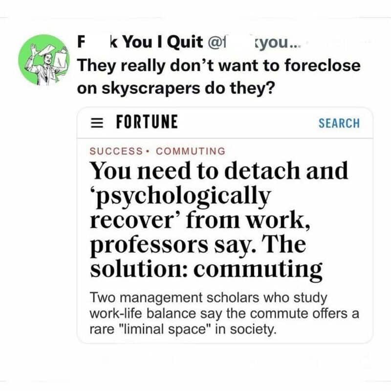 Relaxed and humorous social media post about skyscrapers and work-life balance.