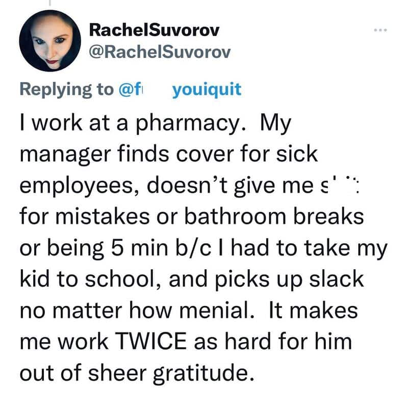 Tweet by Rachel Suvorov about her work at a pharmacy and her manager's cover policy.
