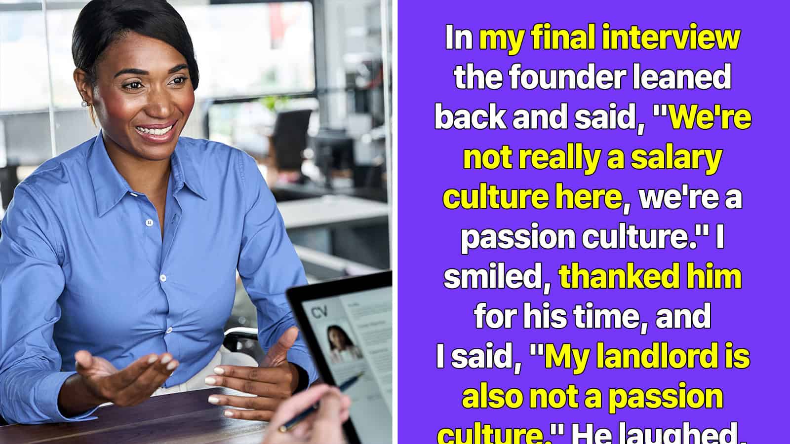 Woman in blue shirt smiling during interview, with text about passion culture.