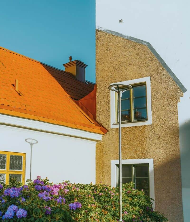 Colorful houses with a streetlamp and purple flowers in front.