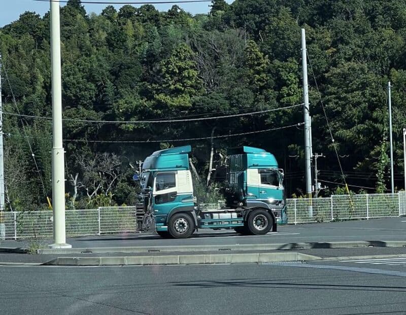 Two blue trucks parked side by side on the street with trees in the background.