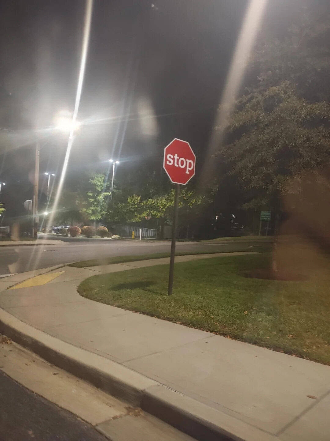 Stop sign on a street corner at night with streetlights and trees in the background.