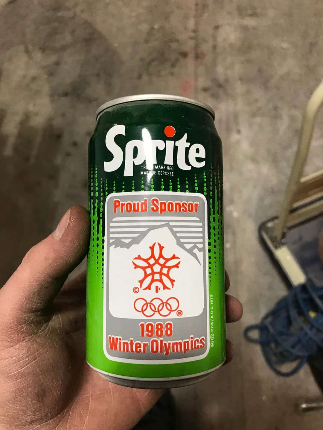 Sprite can with 1988 Winter Olympics sponsor logo and text.