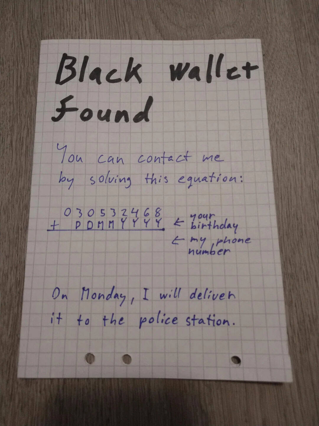 Note about a found black wallet with contact info and a promise to deliver it to police.