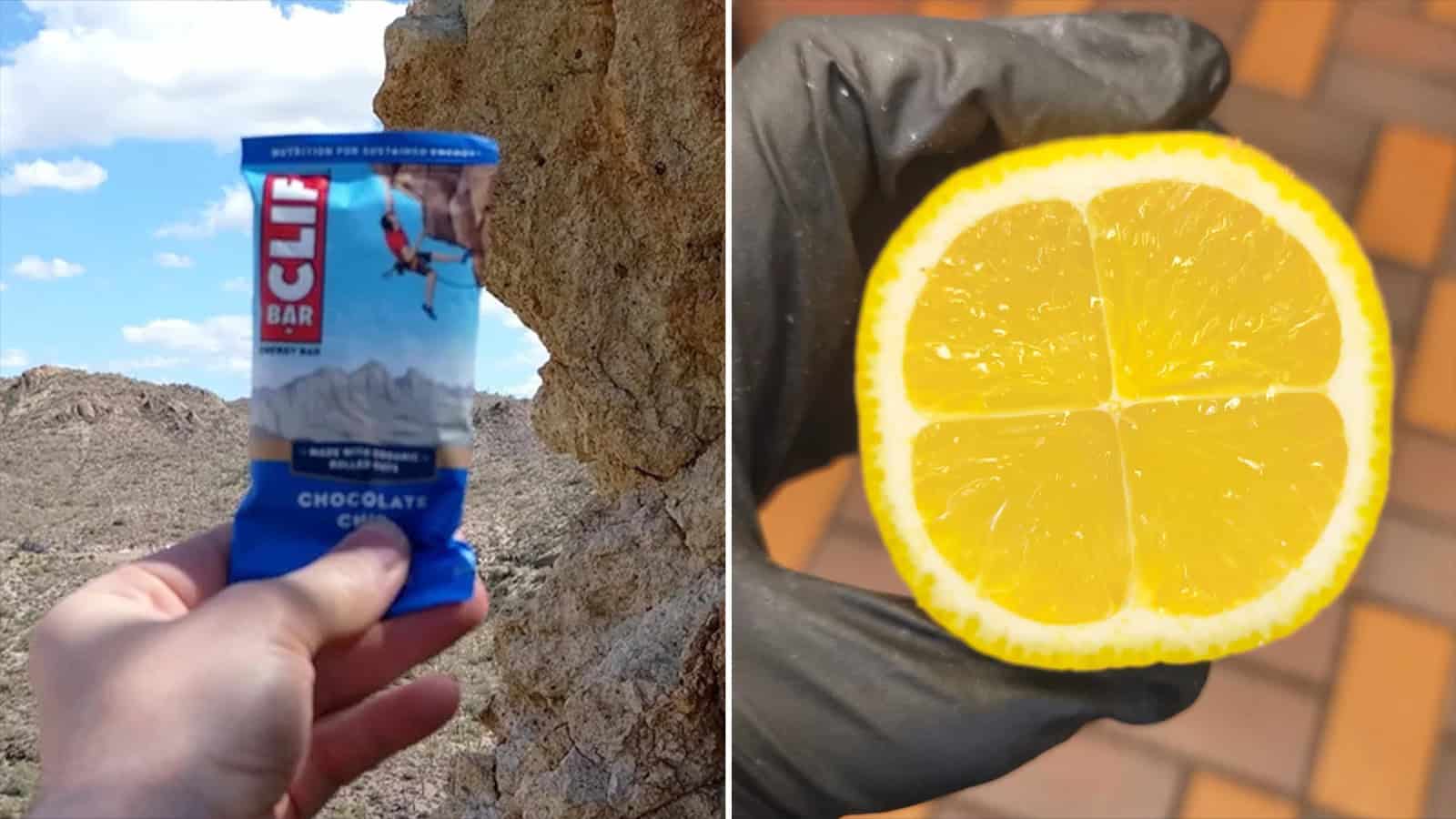 Clif Bar chocolate flavor with mountain background and a lemon half.