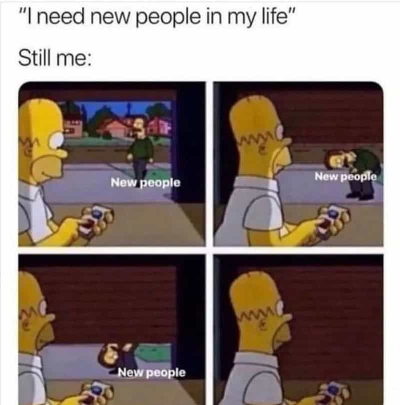 Homer Simpson looking at new people outside, then ignoring them inside, with the caption about pref.