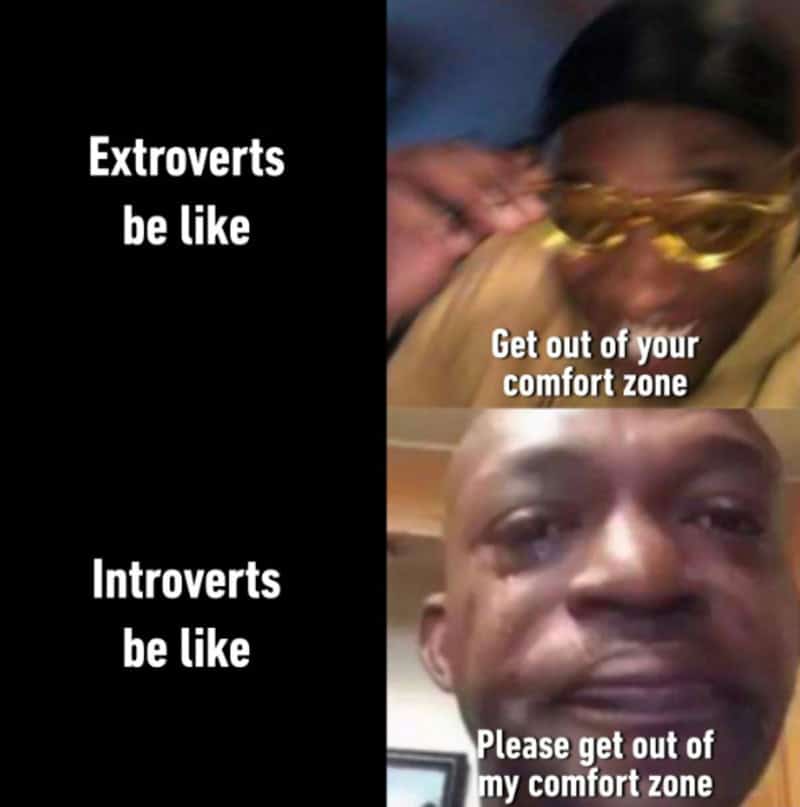Memes about extroverts and introverts in a humorous style.