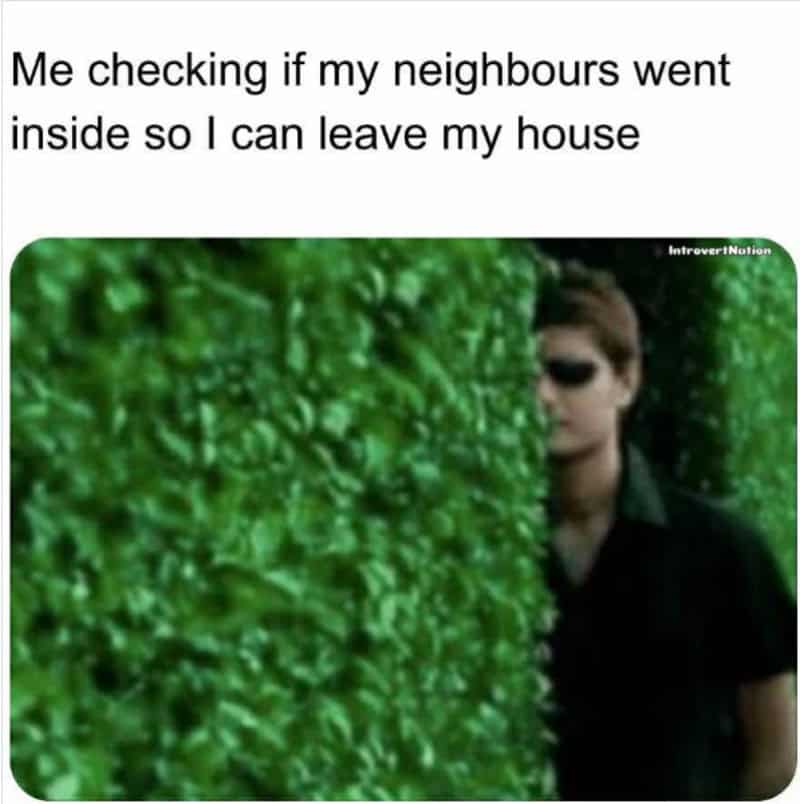 Person peeking from behind a green hedge with the caption about checking if neighbors went inside.