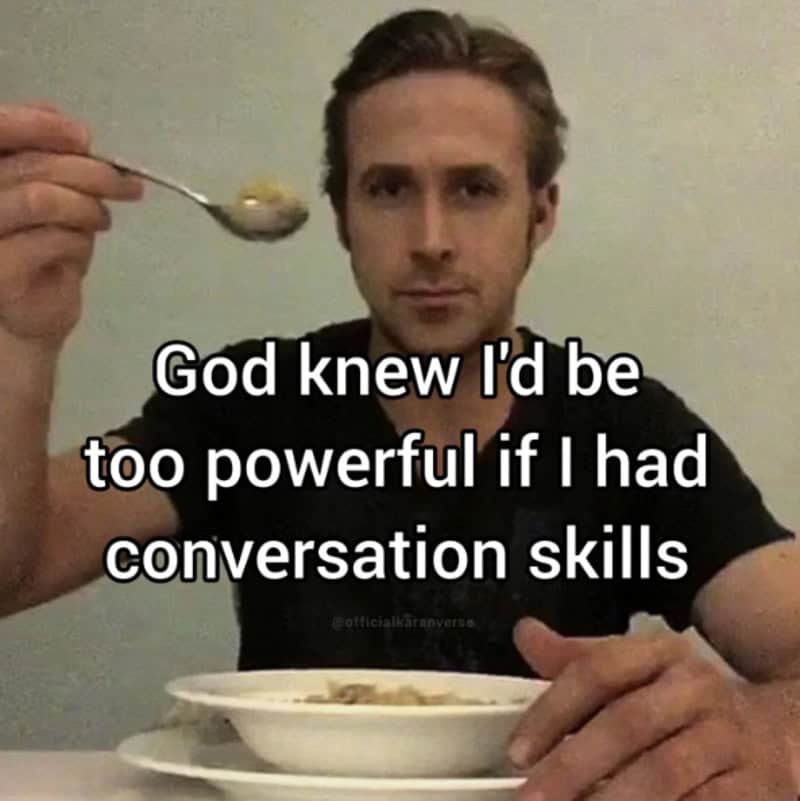 Man holding a spoon with a bowl of cereal, text overlay about conversation skills.