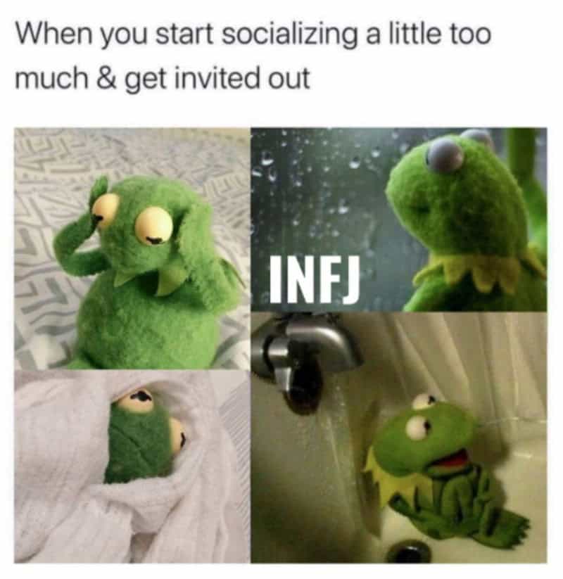 Memes of Kermit the Frog showing social anxiety and introversion.