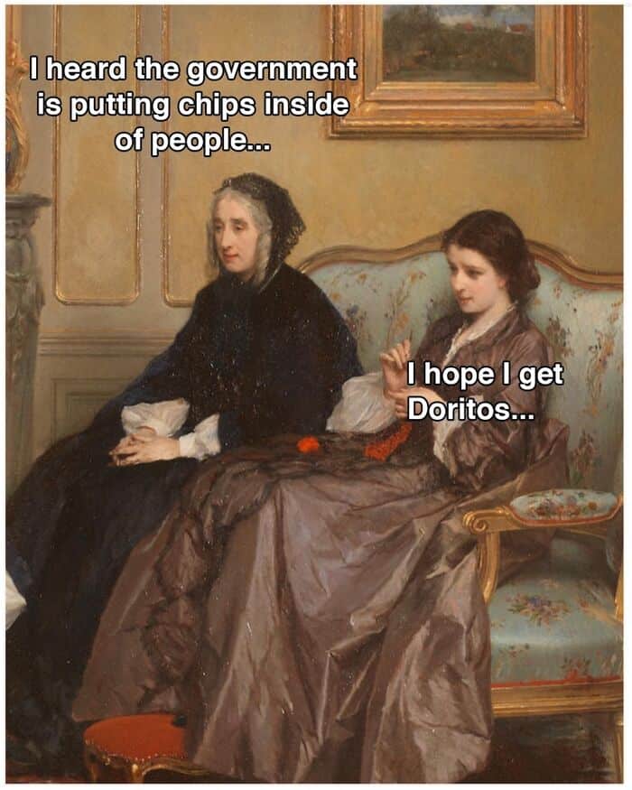 Historical painting with added humorous text about government chips and Doritos.