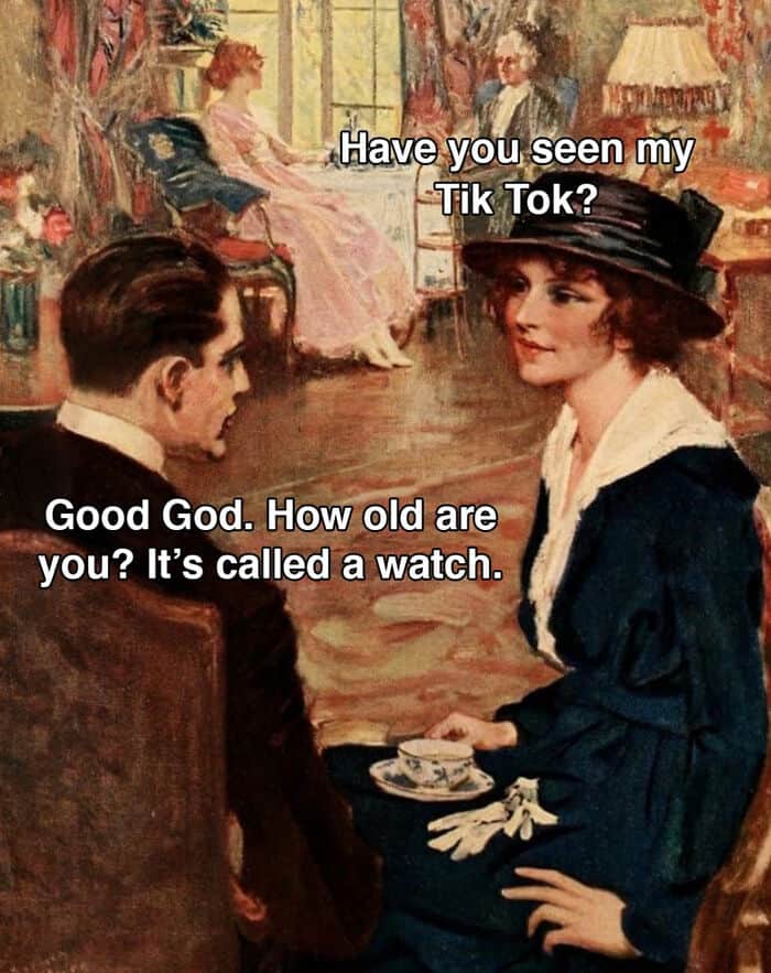 Vintage painting with dialogue about TikTok and watches.