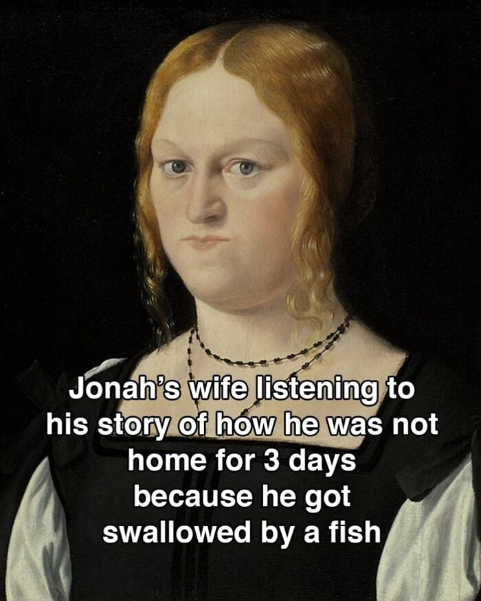 Jonah's wife listening to his story about being swallowed by a fish.