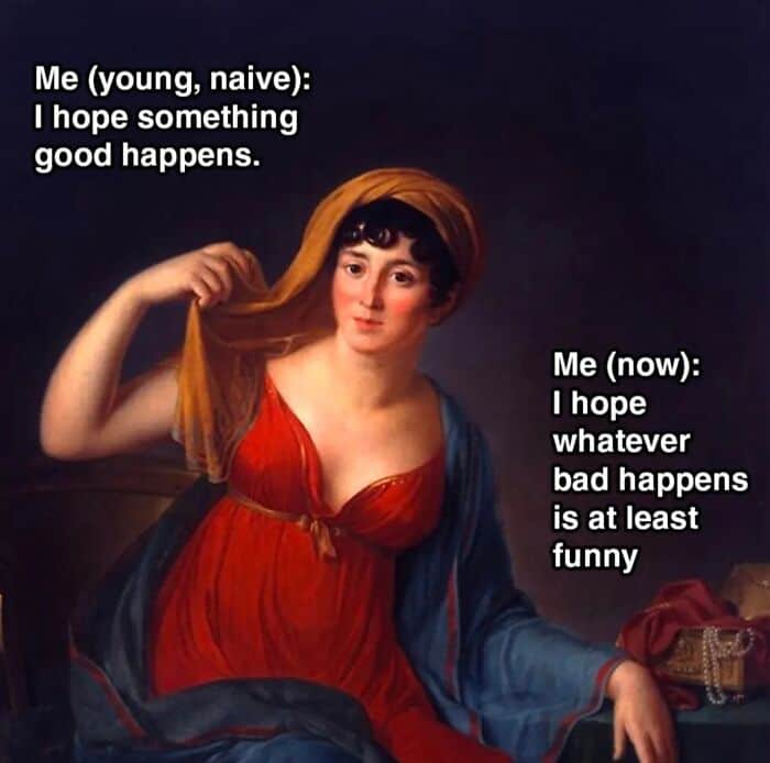 Classical painting of a woman with text overlay about hope and humor.