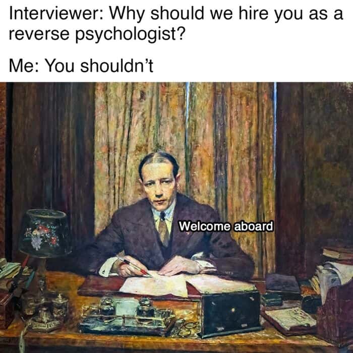 Painting of a man at a desk with text about a reverse psychologist interview.