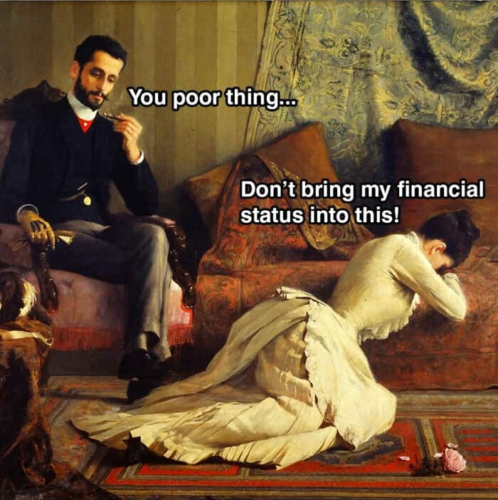 Painting of a woman kneeling and crying, man sitting on a sofa, with meme text.