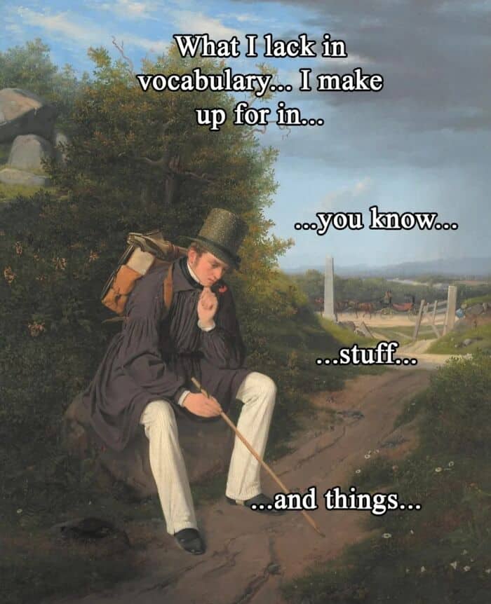 Person in historical attire sitting outdoors, contemplating with text about vocabulary.