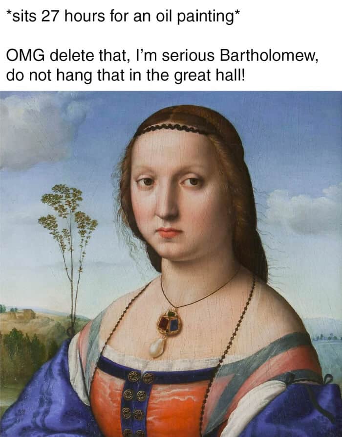 Mona Lisa with humorous caption about oil painting and hanging in the hall.