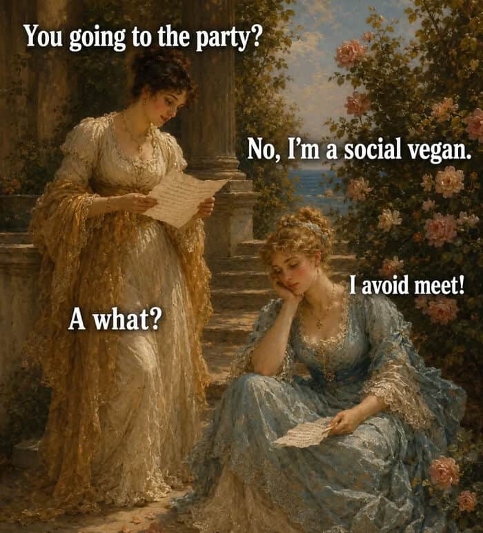 Two women in 19th-century dresses talk, one reading a letter, with modern meme text.