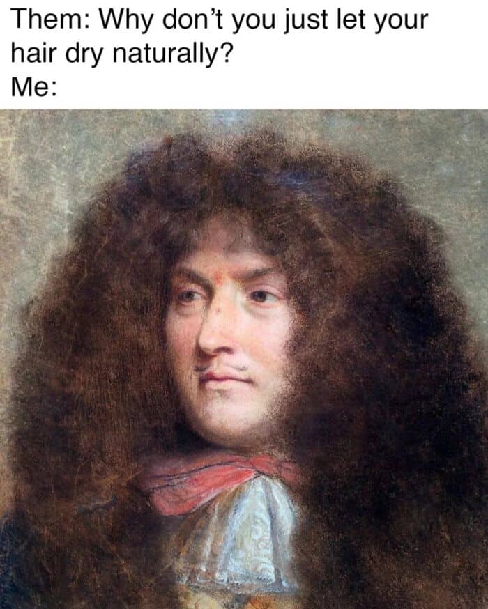 Meme about letting hair dry naturally with a classical painting face.