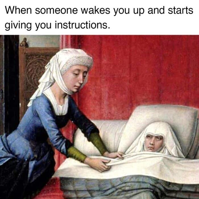 Classical painting of a woman waking a child in bed with instructions.