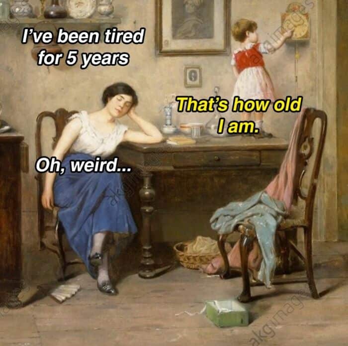 Classical painting of two women, one sitting and one standing, with humorous text about aging.