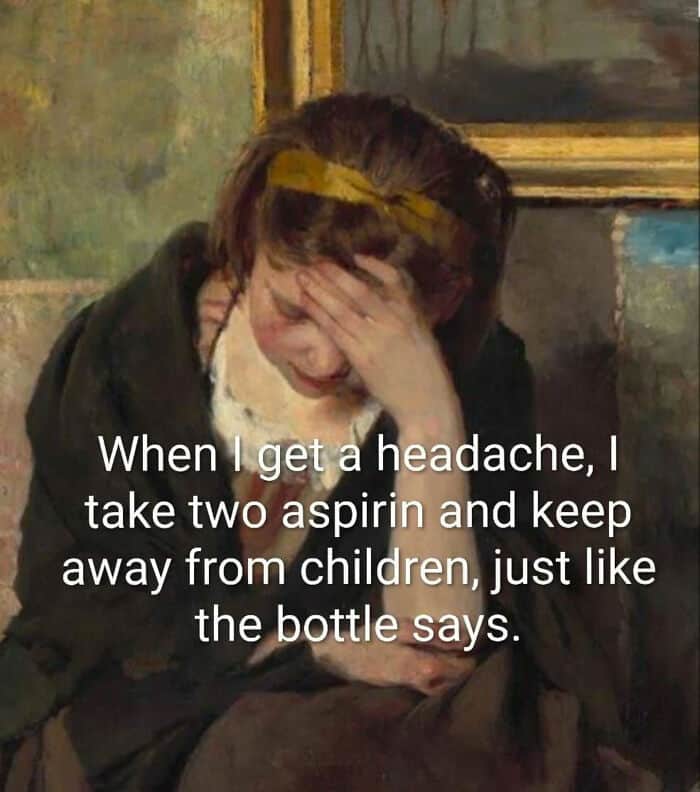Woman with headache, holding her head, with text about aspirin and children.