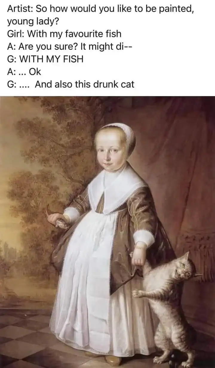 Classical painting of a young girl with a cat, with humorous dialogue about fish.
