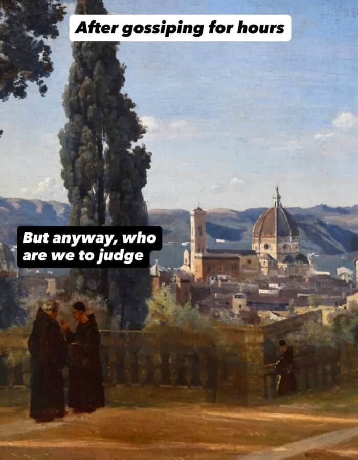 Classical painting with meme text about gossip and judgment.